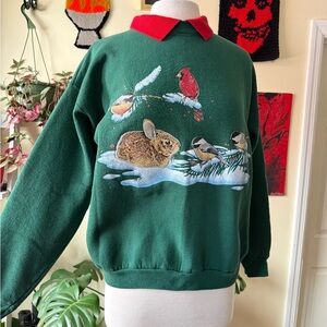 Vintage 80’s Hanes Red and Green Bunny and Bird Graphic Collared Sweatshirt